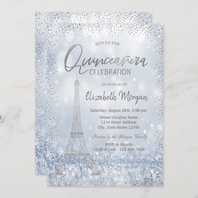 Invitación Torre Eiffel Plata Confetti Bokeh Quinceañera (Anverso / Reverso)