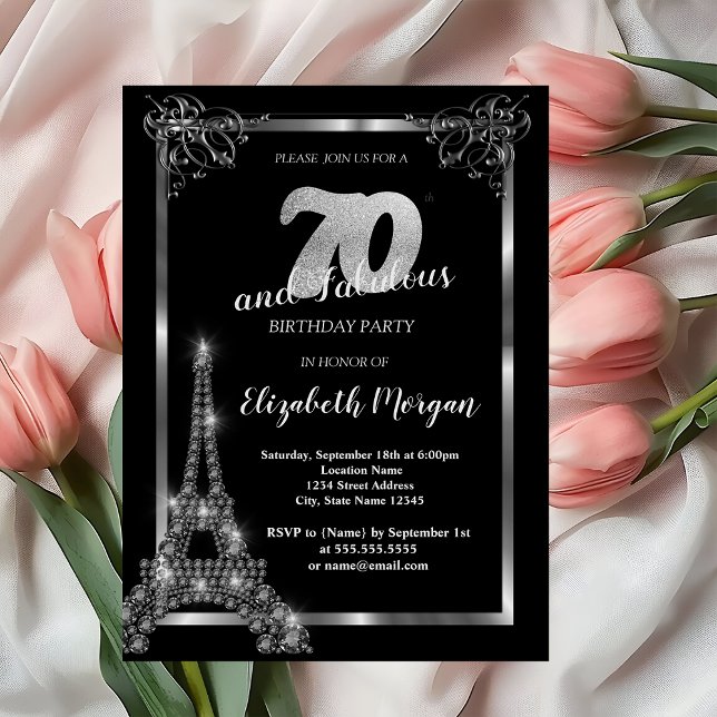 Invitación Torre Eiffel plateada, borde negro Cumpleaños 70 (Subido por el creador)