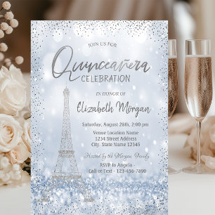 Invitación Torre Eiffel plateada Confeti Bokeh Quinceañera