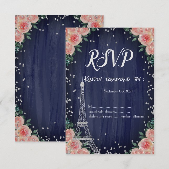 Invitación Torre Eiffel Plateada Diamantes Flores RSVP (Anverso / Reverso)