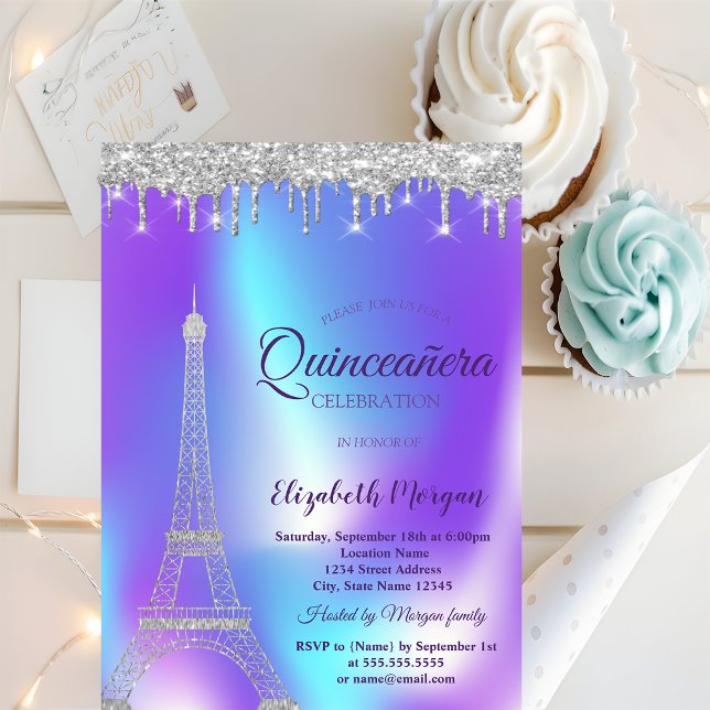 Invitación Torre Eiffel Plateada, Dris Holographic Quinceañer (Subido por el creador)