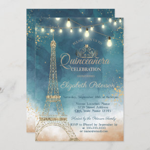 Invitación Torre Eiffel purpurina, acuarela de Tiara Quinceañ