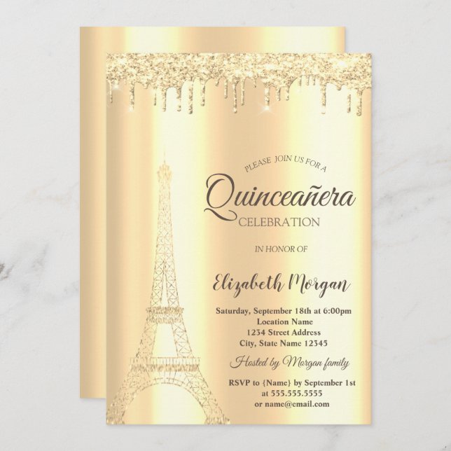 Invitación Torre Eiffel, Purpurina de oro de moda, perforacio (Anverso / Reverso)