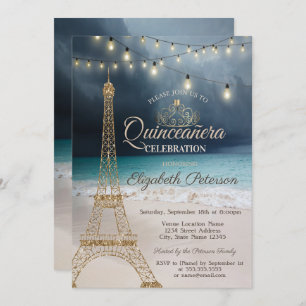 Invitación Torre Eiffel Purpurina de Oro, Playa Tiara Quincea