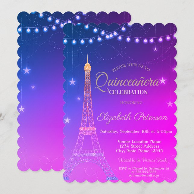 Invitación Torre Eiffel, Purpurina de oro, Quinceañera de Bor (Anverso / Reverso)