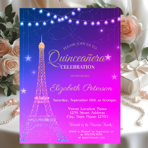Invitación Torre Eiffel, Purpurina de oro, Quinceañera de Bor