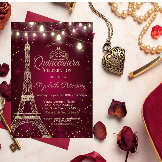 Invitación Torre Eiffel Purpurina de Oro, Quinceañera Roja Ti (Subido por el creador)
