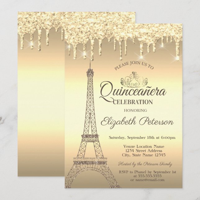 Invitación Torre Eiffel Purpurina de Oro, Tiara, Dris Quincea (Anverso / Reverso)
