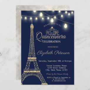 Invitación Torre Eiffel Purpurina de Oro, Tiara Quinceañera