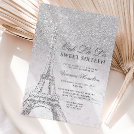 Invitación Torre Eiffel purpurina de plata mármol Sweet 16