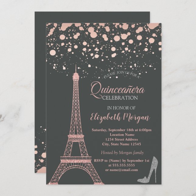 Invitación Torre Eiffel purpurina, Heels Dots Quinceañera (Anverso / Reverso)