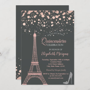 Invitación Torre Eiffel purpurina, Heels Dots Quinceañera