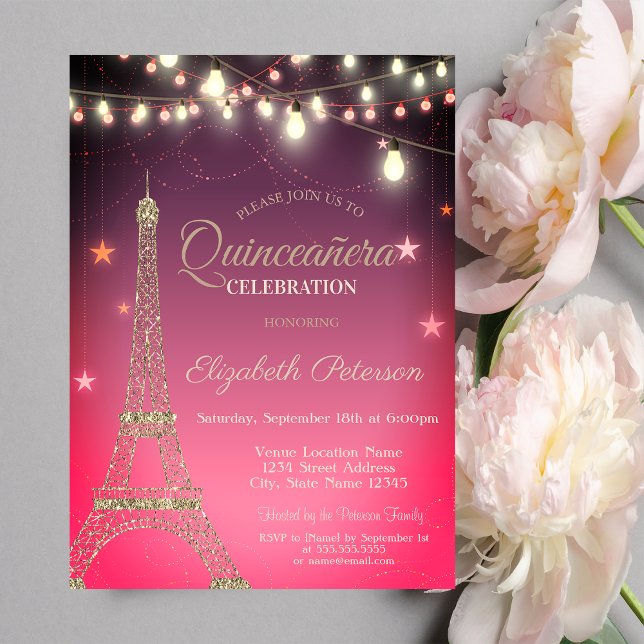 Invitación Torre Eiffel purpurina, luz Ombre Quinceañera (Subido por el creador)