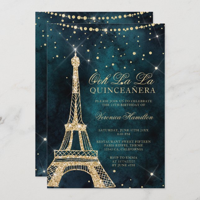 Invitación Torre Eiffel purpurina oro verde azulado chispa qu (Anverso / Reverso)