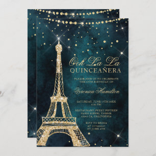 Invitación Torre Eiffel purpurina oro verde azulado chispa qu