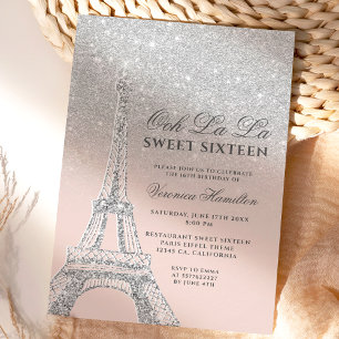 Invitación Torre Eiffel purpurina plata rosa dulce 16