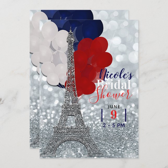 Invitación Torre Eiffel Purpurina Plateada Fiesta Roja Blanca (Anverso / Reverso)