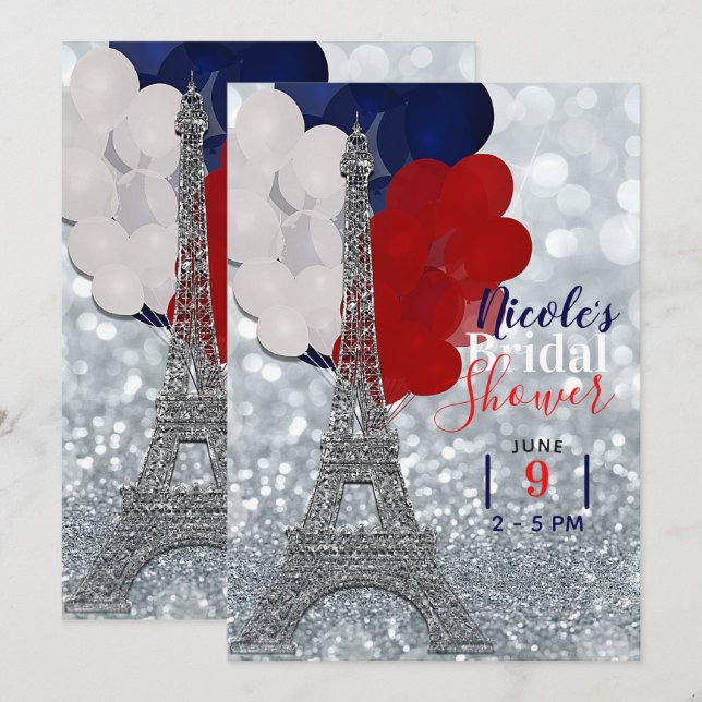 Invitación Torre Eiffel Purpurina Plateada Fiesta Rojo Blanco (Anverso / Reverso)