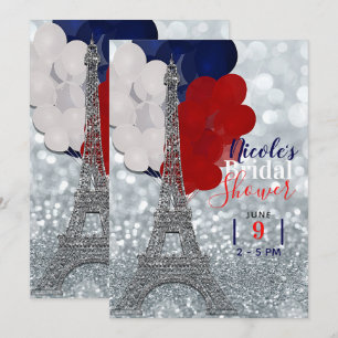 Invitación Torre Eiffel Purpurina Plateada Fiesta Rojo Blanco