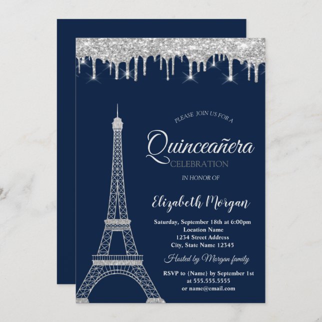 Invitación Torre Eiffel Purpurina Plateado, Dris Quinceañera (Anverso / Reverso)