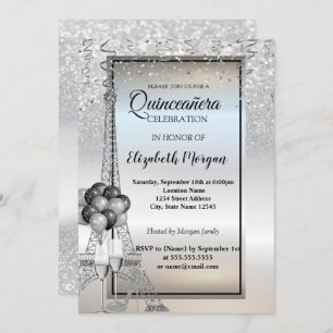 Invitación Torre Eiffel Purpurina Plateado, Globos Quinceañer