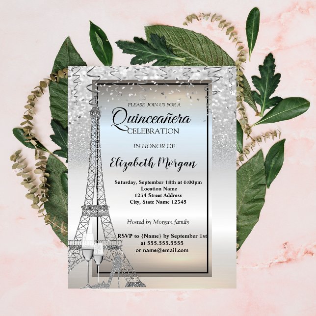 Invitación Torre Eiffel Purpurina Plateado, Quinceañera de vi (Subido por el creador)