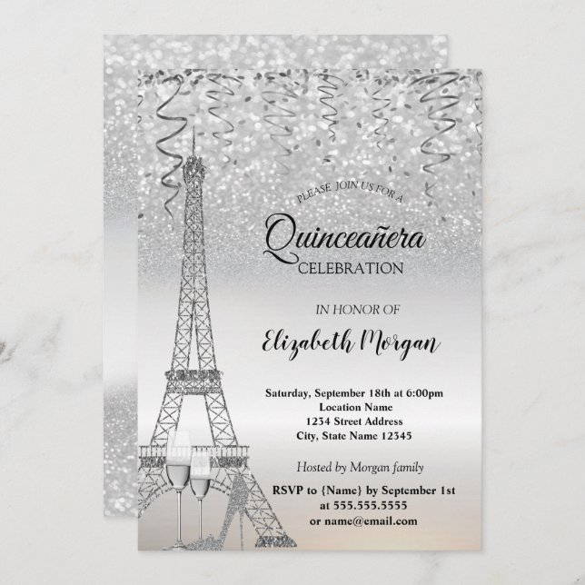 Invitación Torre Eiffel Purpurina Plateado, talón, quinceañer (Anverso / Reverso)