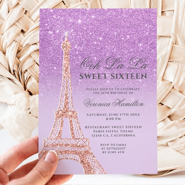 Invitación Torre Eiffel purpurina púrpura lavanda Dulce 16 (Subido por el creador)