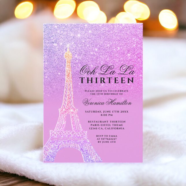 Invitación Torre Eiffel purpurina rosa chic trece (Eiffel tower purple glitter pink chic thirteen invitation)