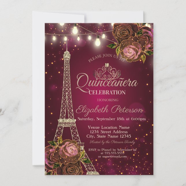 Invitación Torre Eiffel purpurina, Rosas Tiara Red Quinceañer (Anverso)
