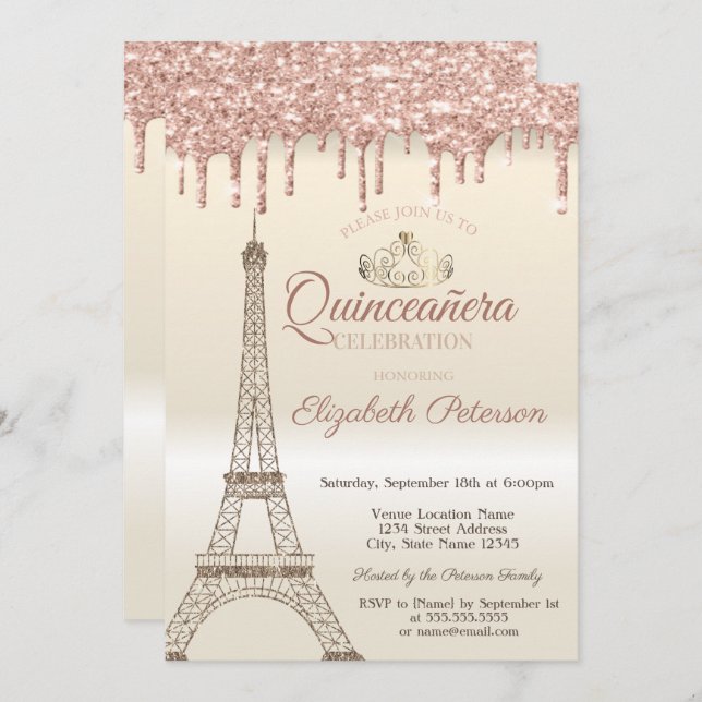 Invitación Torre Eiffel purpurina, Tiara, Dris Quinceañera (Anverso / Reverso)