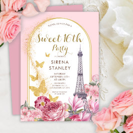 Invitación Torre Eiffel Purpurinas y Flores Girly Sweet 16