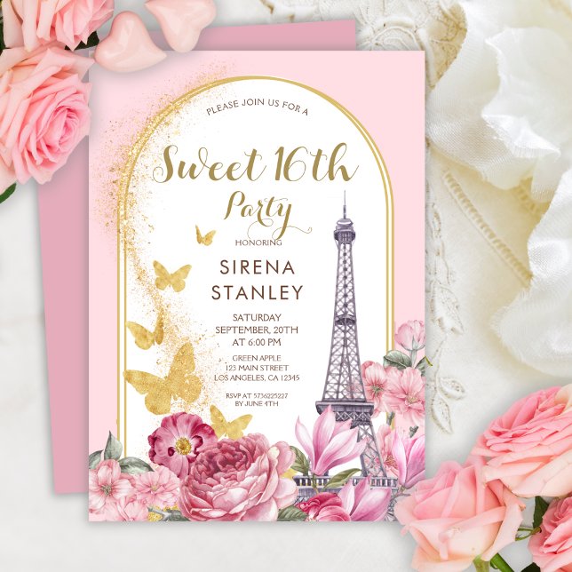 Invitación Torre Eiffel Purpurinas y Flores Girly Sweet 16 (Subido por el creador)