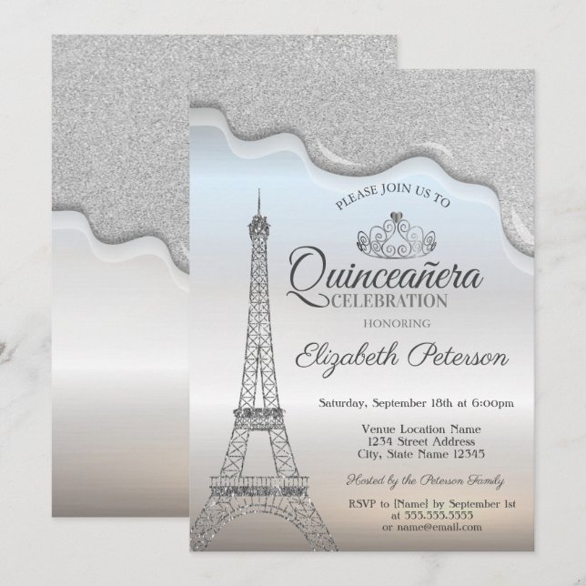 Invitación Torre Eiffel, Quinceañera de gotas plateadas (Anverso / Reverso)