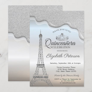 Invitación Torre Eiffel, Quinceañera de gotas plateadas