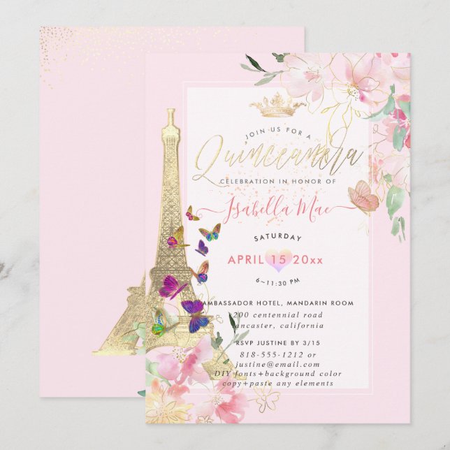 Invitación Torre Eiffel Quinceanera, mariposas acuáticas (Anverso / Reverso)