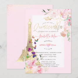Invitación Torre Eiffel Quinceanera, mariposas acuáticas