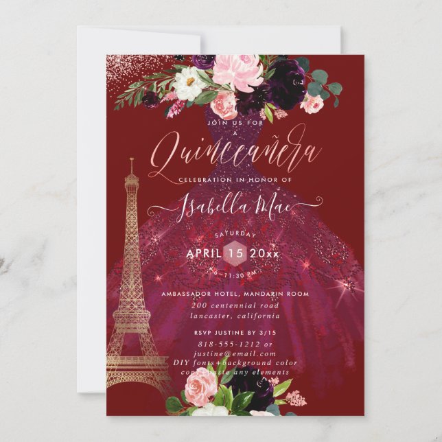 Invitación Torre Eiffel Quinceanera, Rubor Burgundy Flowers (Reverso)