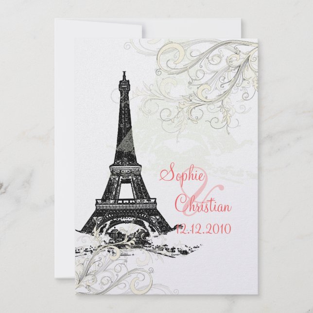 Invitación Torre Eiffel + remolinos Champaña Cardstock de ver (Anverso)
