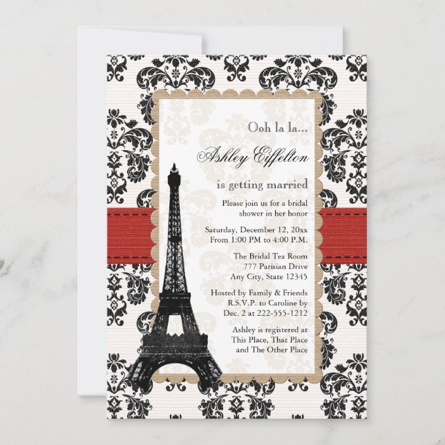 Invitación Torre Eiffel Rojo Ducha Bridal Paridal (Anverso)