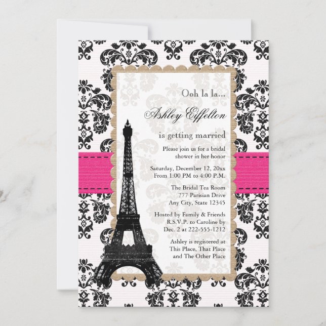 Invitación Torre Eiffel Rosa Caliente Ducha Bridal Parisino (Anverso)