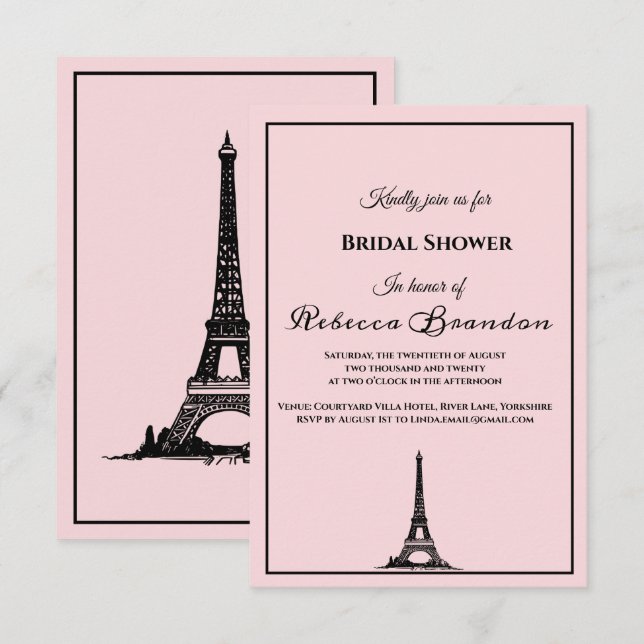 Invitación Torre Eiffel Rosa Cute Torre Paris Bridal (Anverso / Reverso)