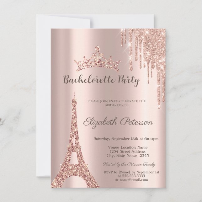 Invitación Torre Eiffel, Rosa Dorado con Goteo Fiesta de Desp (Anverso)