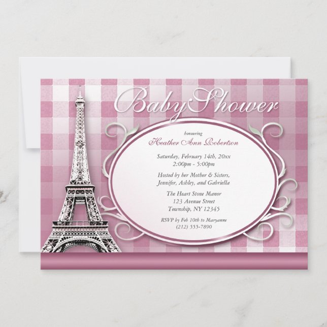 Invitación Torre Eiffel Rosa Gingham Baby Shower Parisino (Anverso)