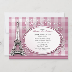 Invitación Torre Eiffel Rosa Gingham Baby Shower Parisino