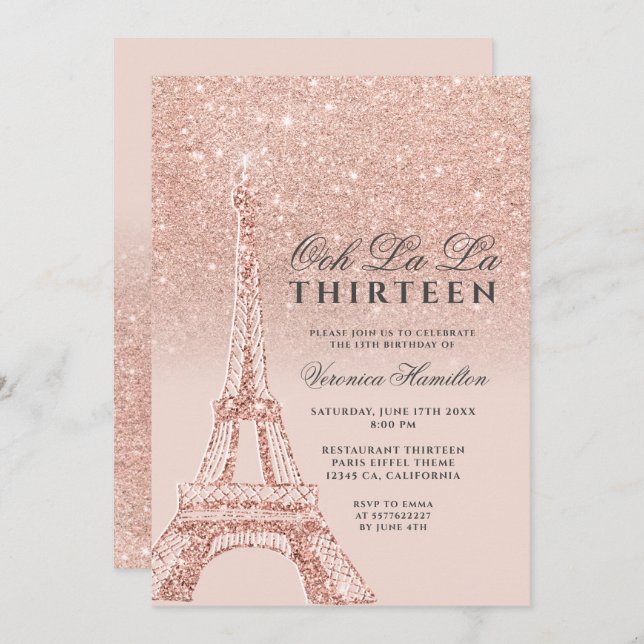Invitación Torre Eiffel rosa oro brillo rosa chic trece (Anverso / Reverso)