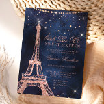 Invitación Torre Eiffel rosa oro purpurina chispa Sweet 16<br><div class="desc">Un dieciséis moderno,  moda y glamuroso dulce,  con un purpurina de oro rosa dibujado a mano,  temática francesa,  la Torre Eiffel,  con un diamante rosa purpurina dorado que brilla sobre un fondo de color azul marino oscuro.</div>