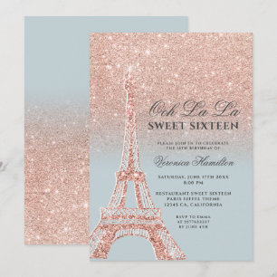 Invitación Torre Eiffel rosa oro purpurina hielo azul Sweet 1