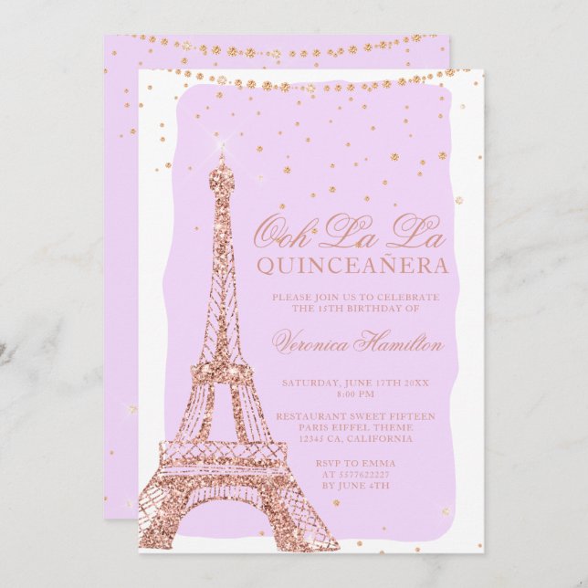 Invitación Torre Eiffel rosa oro purpurina púrpura quinceaner (Anverso / Reverso)