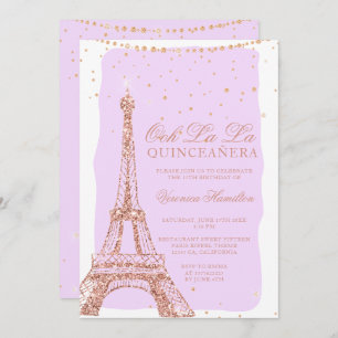Invitación Torre Eiffel rosa oro purpurina púrpura quinceaner